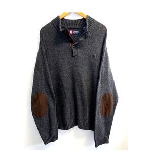 Chaps Grey Sweater‎ XXL Suede Elbow Patches 1/4 Button Mock Neck Knit Academia